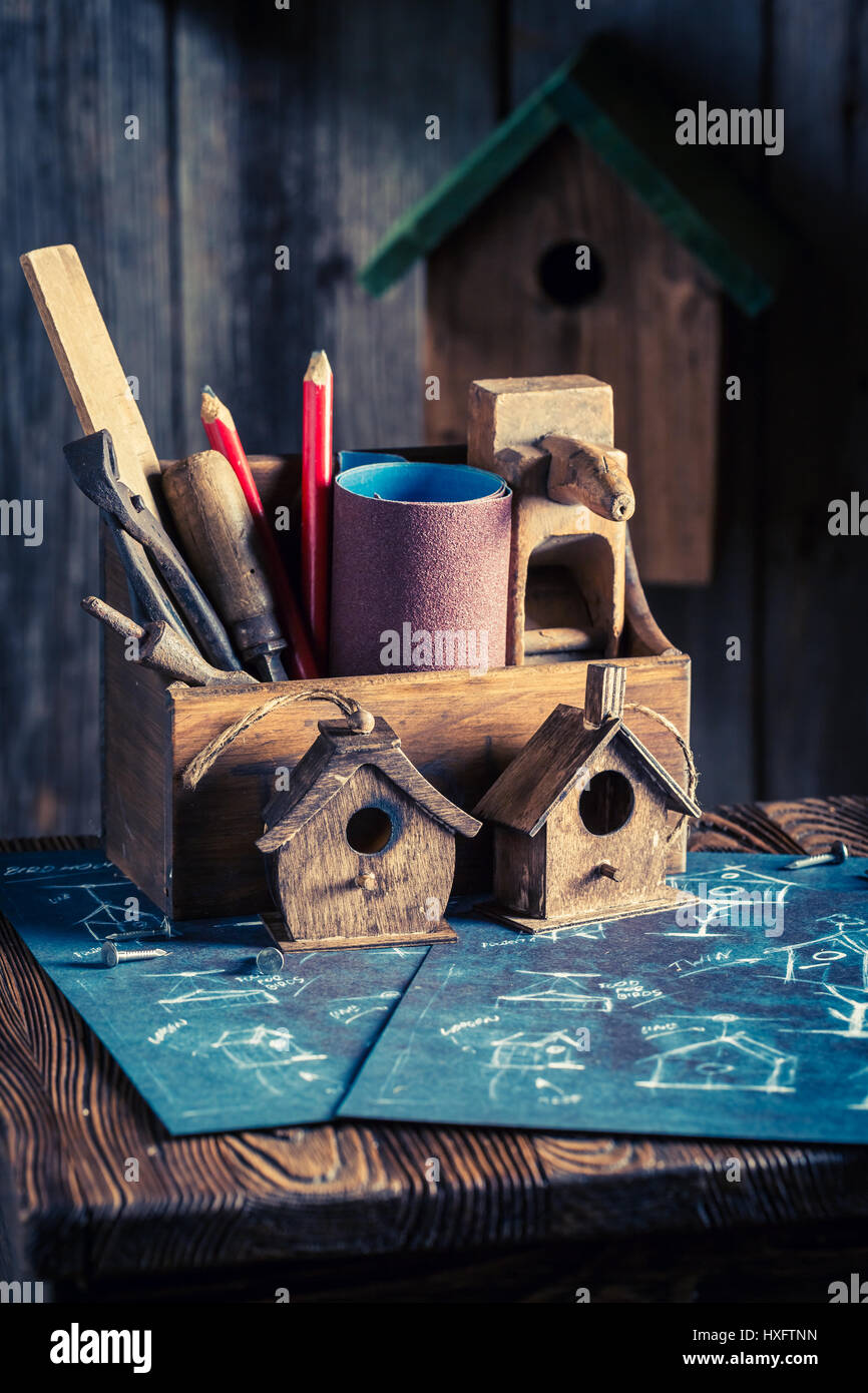 Photo inspiration: Macaw Birdhouse Rainproof Construction Details Reference: Vintage Small Bird House And Construction Plan Stock Photo