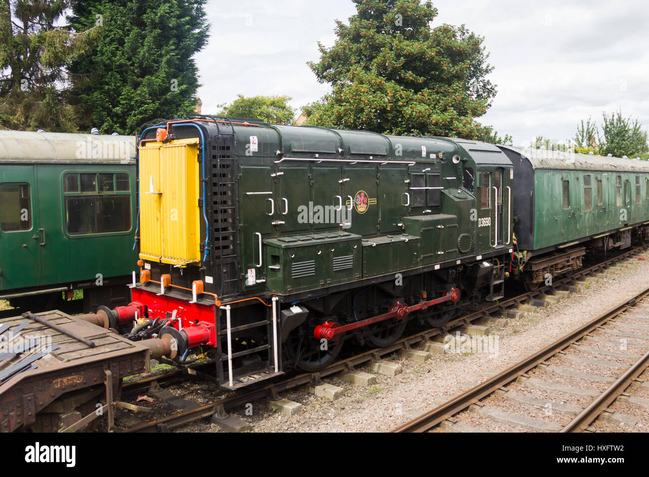 British Railways class 08 diesel shunter engine in British Railways green with its BR number D3690 on the Great Central Railway. Stock Photo
