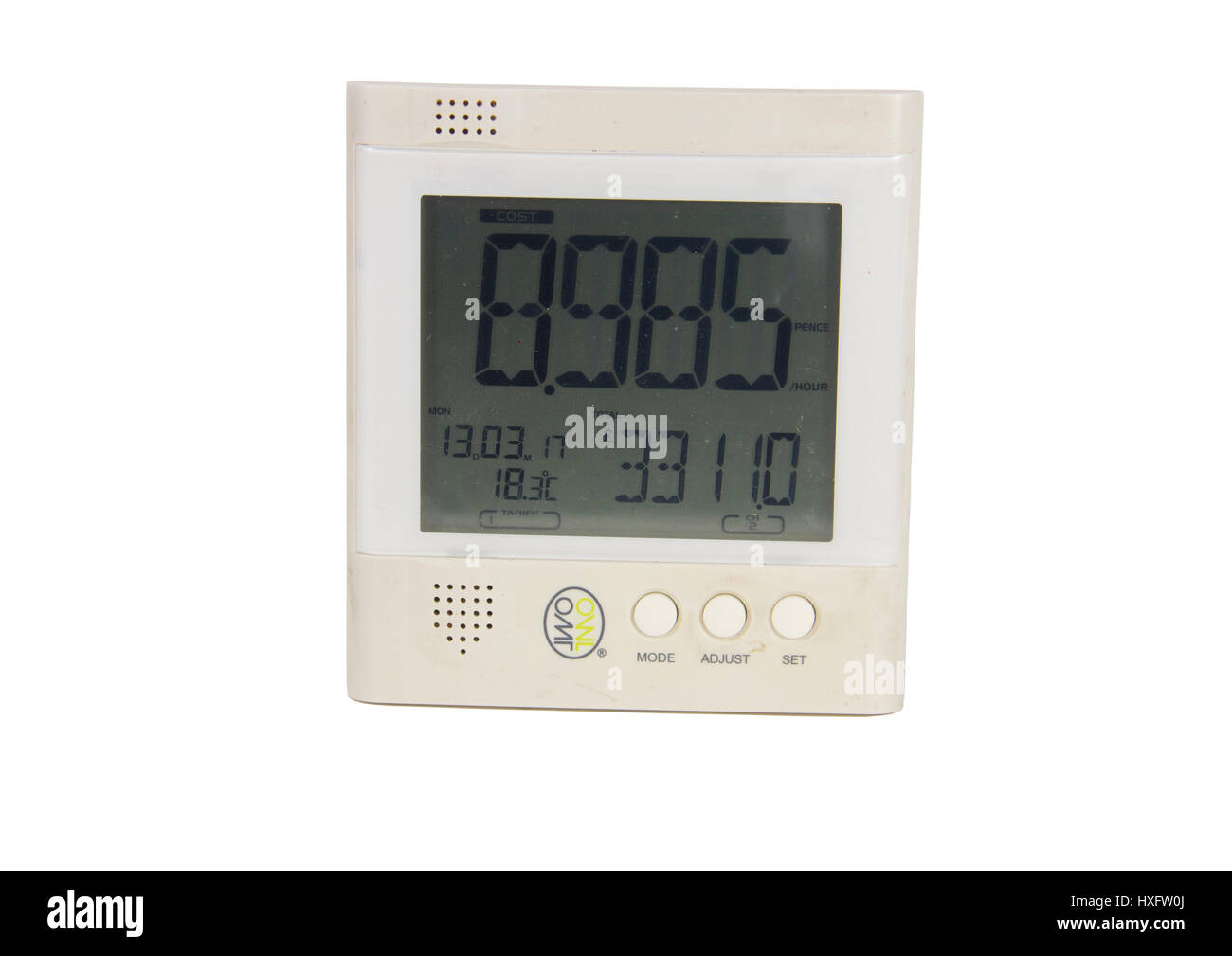 OWL electricity energy monitor display. Third-party smart electricity meter type product showing domestic energy usage. Stock Photo