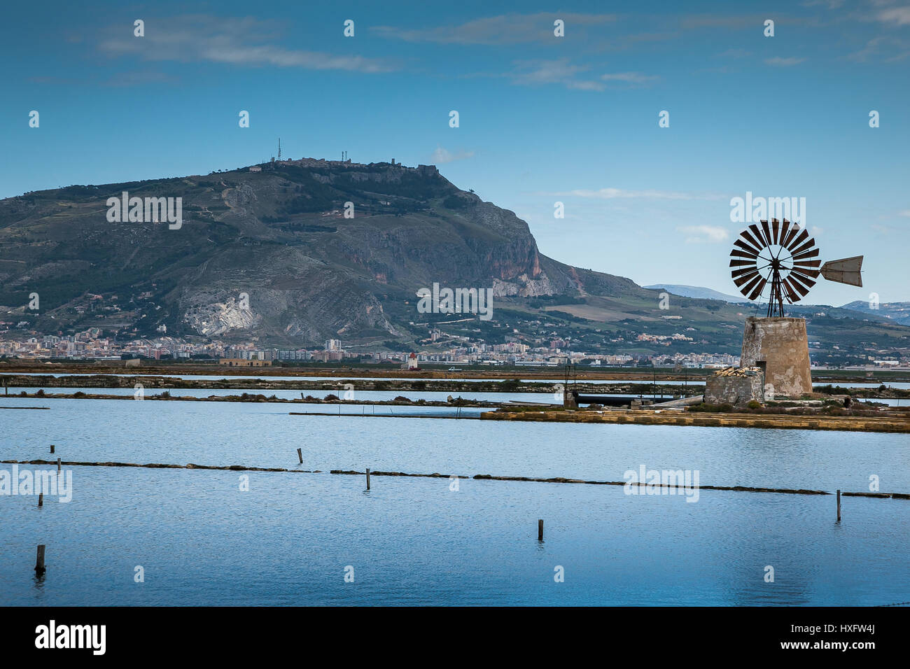 Marsala, Sicily, Italy (province of Trapani) - old windmill and saltwork Stock Photo