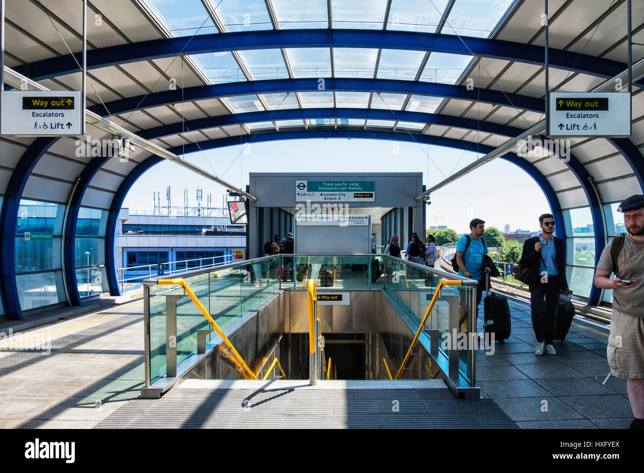 London UK. Docklands Light Railway Station,DLR. Platform of rail ...