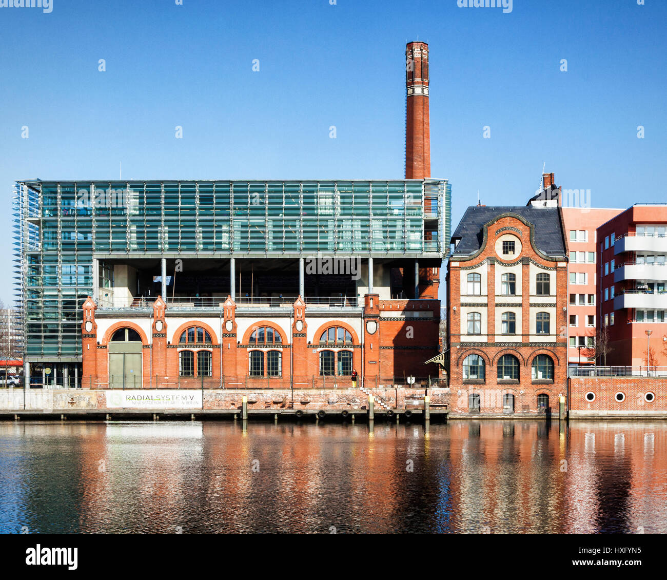 Berlin,Friedrichshain.Radial System V, Arts & cultural centrec in former pumping station with waterside terrace, used for theater, concerts & meetings Stock Photo