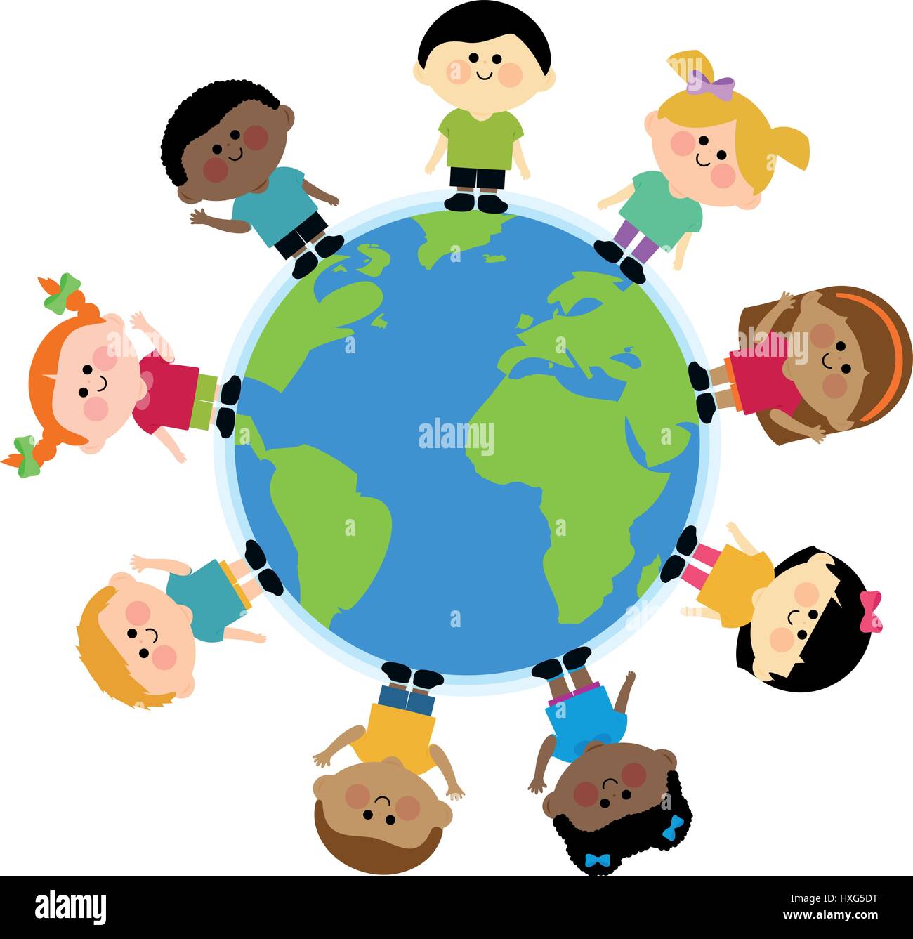 Multi ethnic group of kids standing around the earth Stock Vector