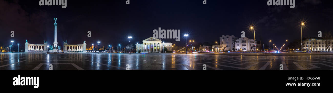 Heroes' Square, Millennium Memorial night panorama, Budapest, Hungary Stock Photo