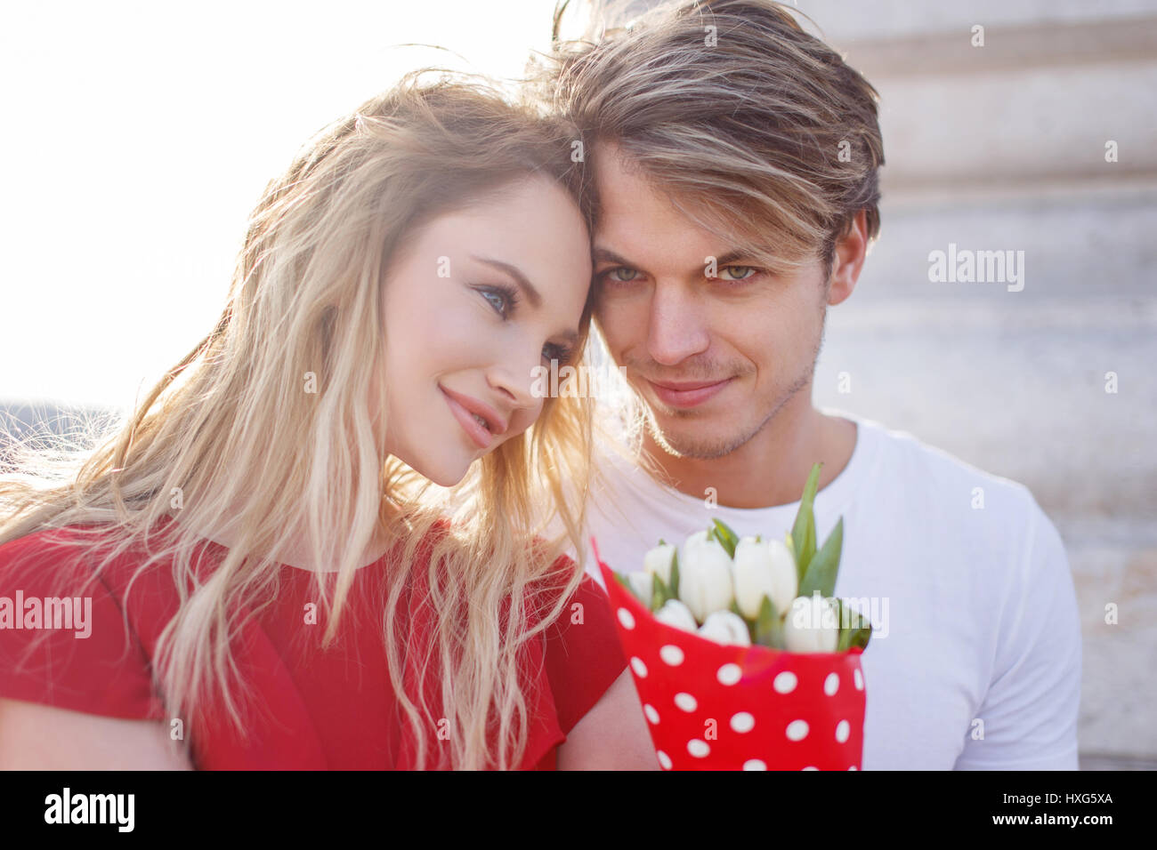 Young woman in love with boyfriend outdoor portrait Stock Photo