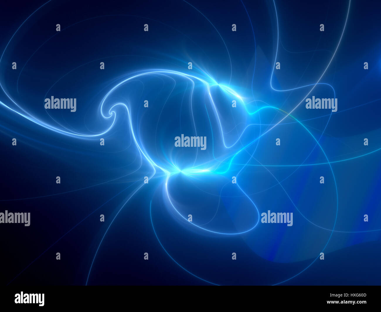 Blue Glowing Plasma Spiral Curves In Space, Computer Generated Abstract 