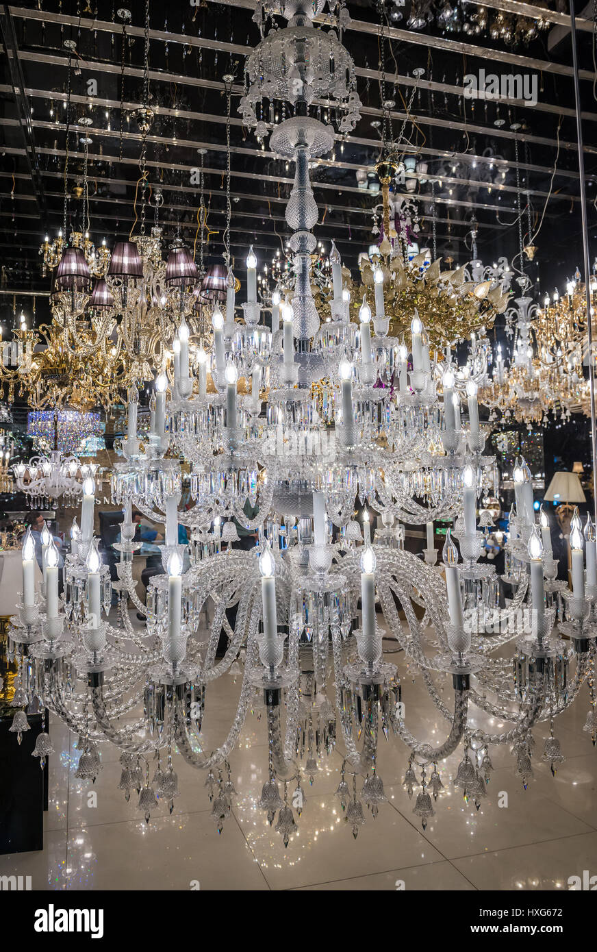 Large chandelier in one of many lighting shop on Lalehzar Street in