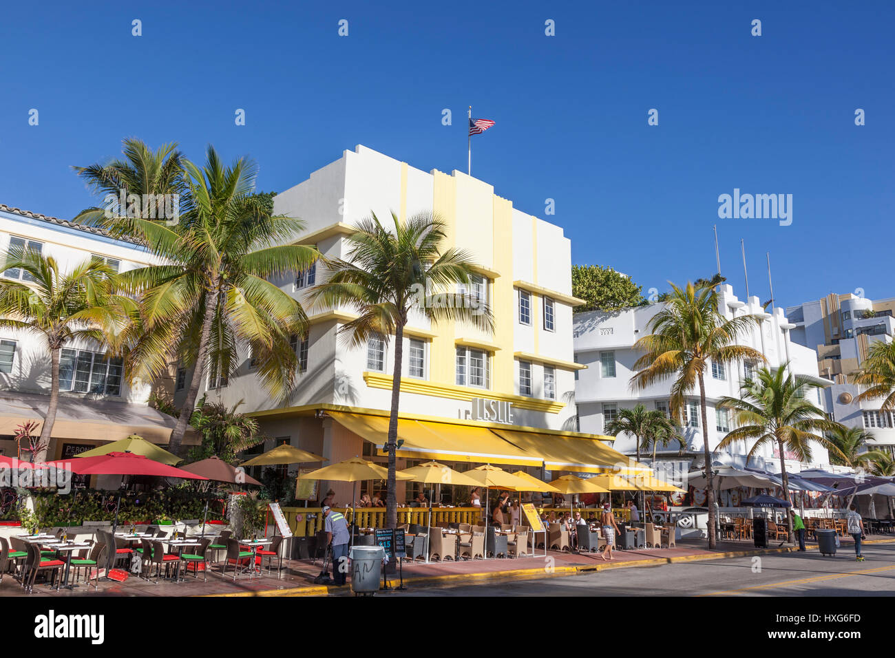 MIAMI, USA - MAR 10, 2017: Art Deco hotel Leslie in the famous Ocean Drive in Miami Beach. Florida, United States Stock Photo