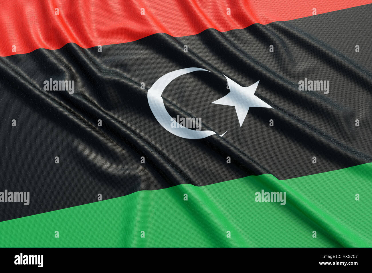 A close-up of the Libyan flag waving against a neutral background, symbolizing the global context of educational opportunities and cross-cultural exchanges in teaching professions.