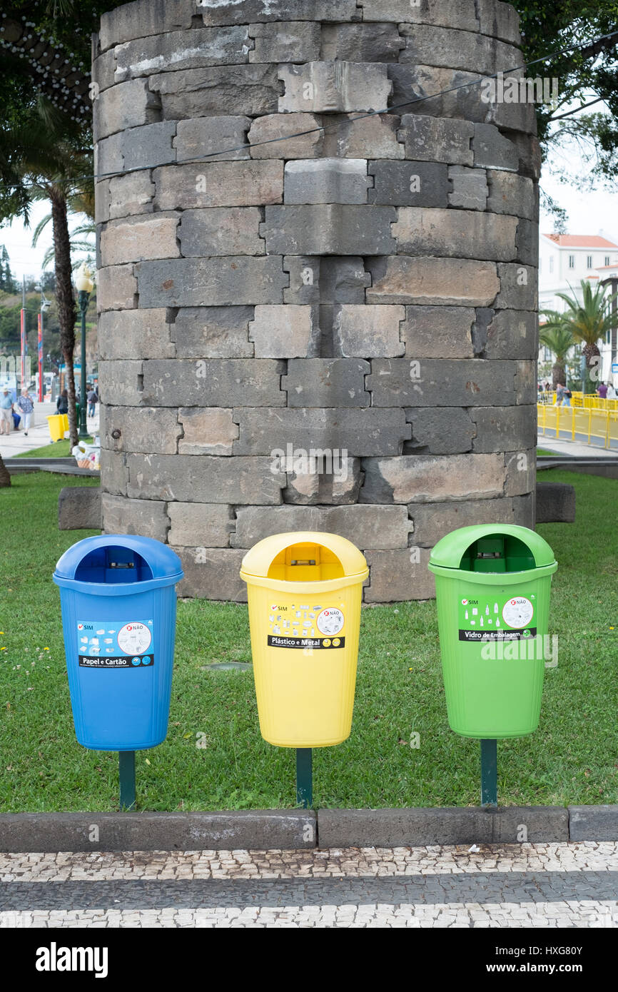 Blue yellow green recycling bins hires stock photography and images