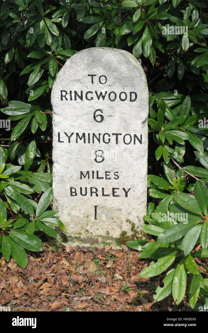 Roadside milestone in Burley, New Forest, UK Stock Photo