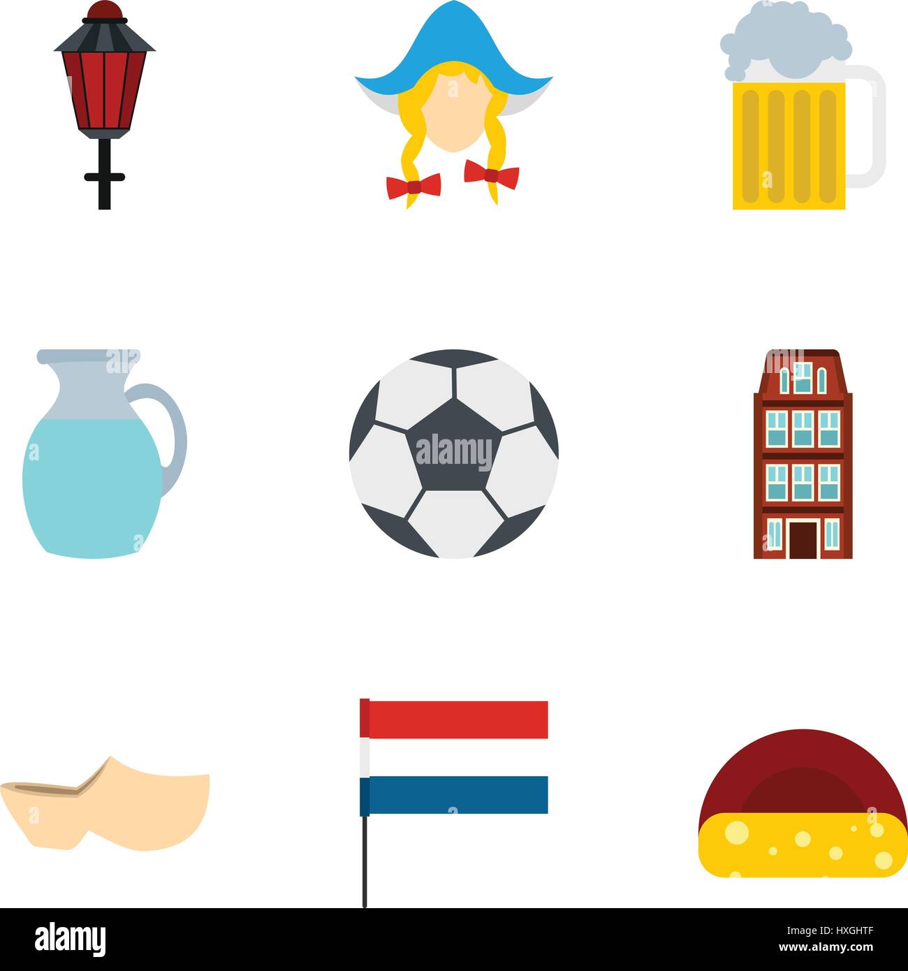 Attractions of Holland icons set, flat style Stock Vector