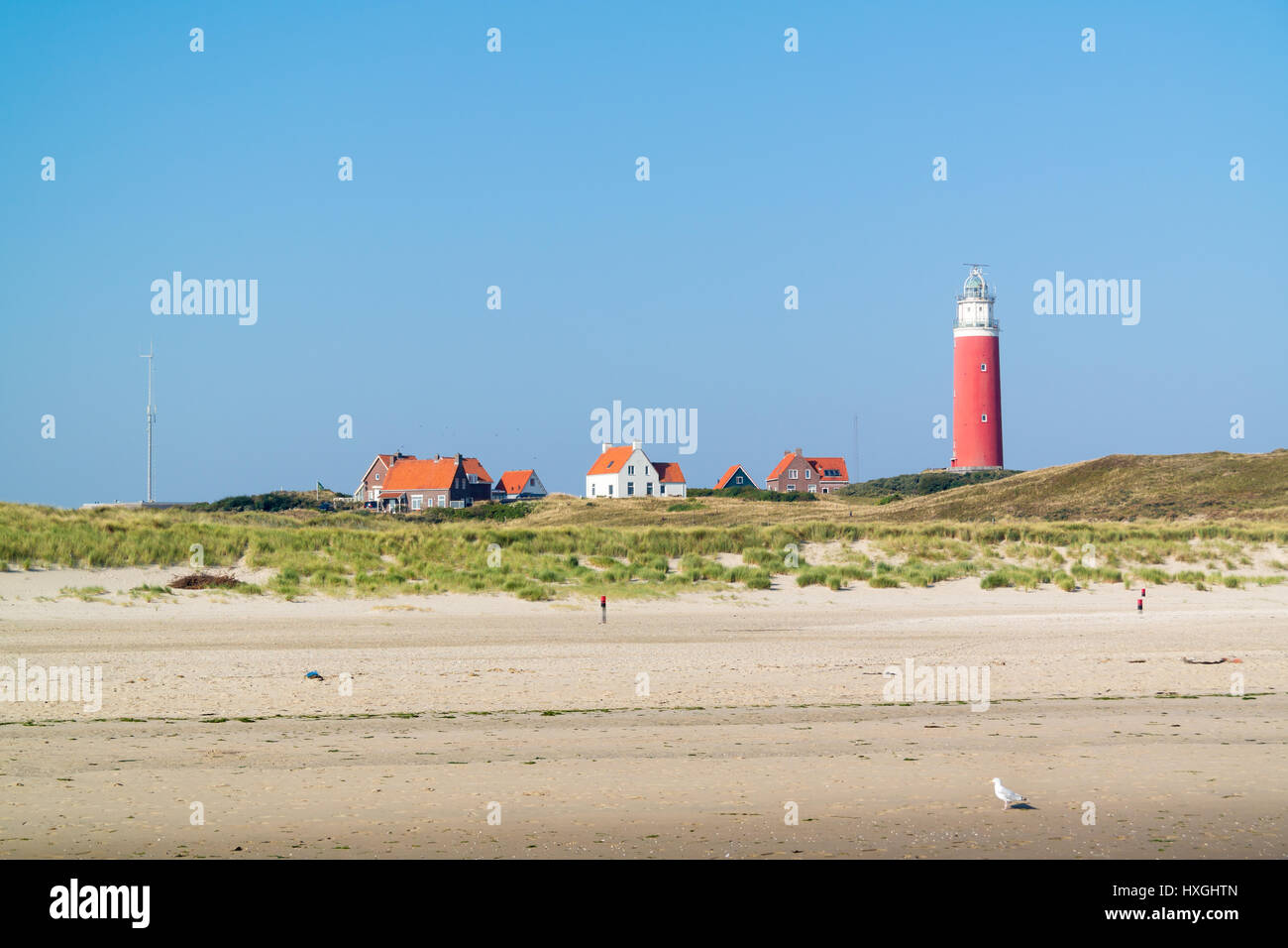 Beach, dunes and lighthouse of De Cocksdorp on West Frisian Waddensea island Texel, Netherlands Stock Photo