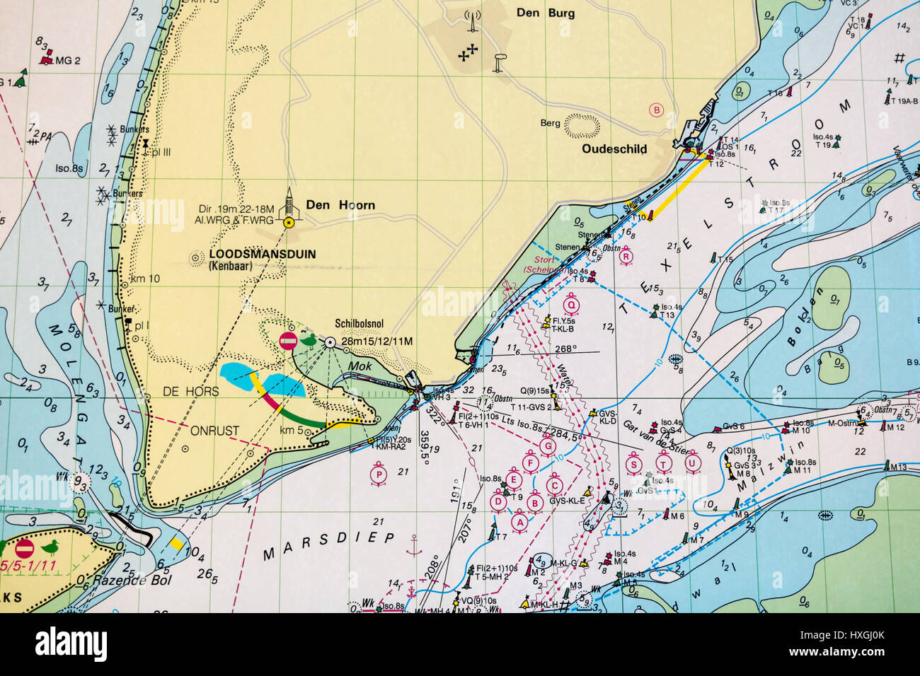 Modern Dutch nautical chart for marine navigation showing Texel island and part of Waddensea, Netherlands Stock Photo
