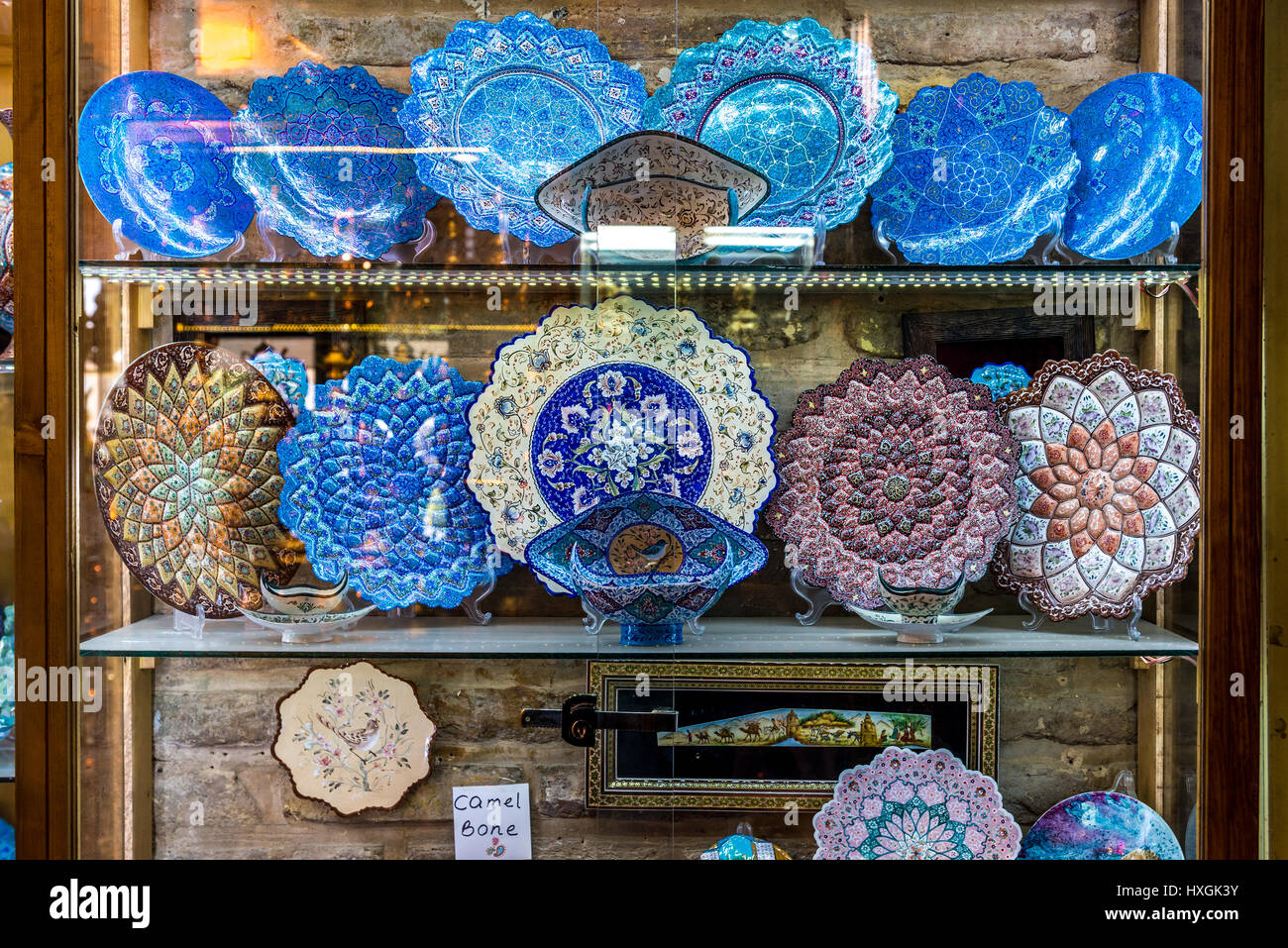 Persian style plates on Bazaar of Isfahan next to Naqsh-e Jahan Square (Imam Square, formlerly Shah Square) in centre of Isfahan in Iran Stock Photo