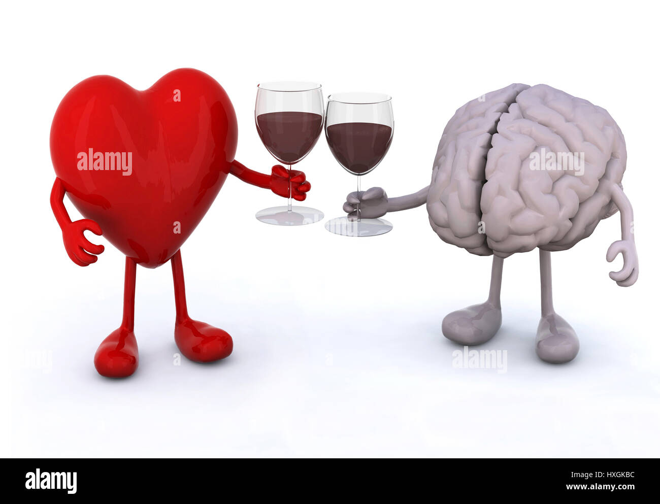 heart and brain with arms and legs make cheers with glasses of red wine Stock Photo