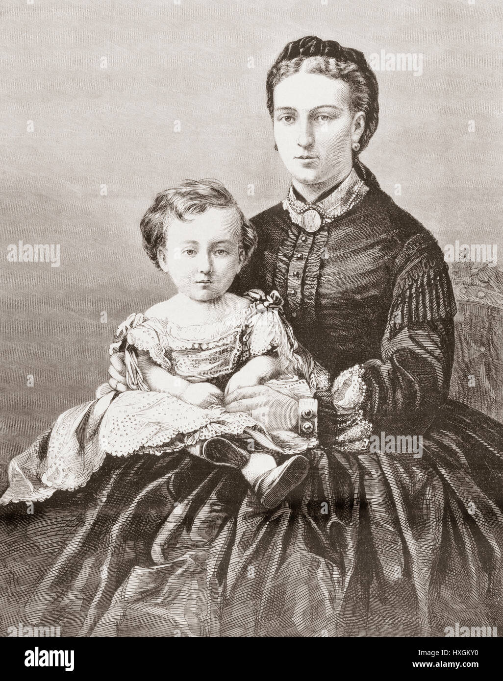 Alexandra of Denmark (1844 – 1925) seen here whilst still Princess of Wales, holding her son prince Albert-Victor.  Future Queen of the United Kingdom of Great Britain and Ireland and Empress of India as the wife of King-Emperor Edward VII. Prince Albert Victor, Duke of Clarence and Avondale,1864 – 1892.  From L'Univers Illustre published 1867. Stock Photo