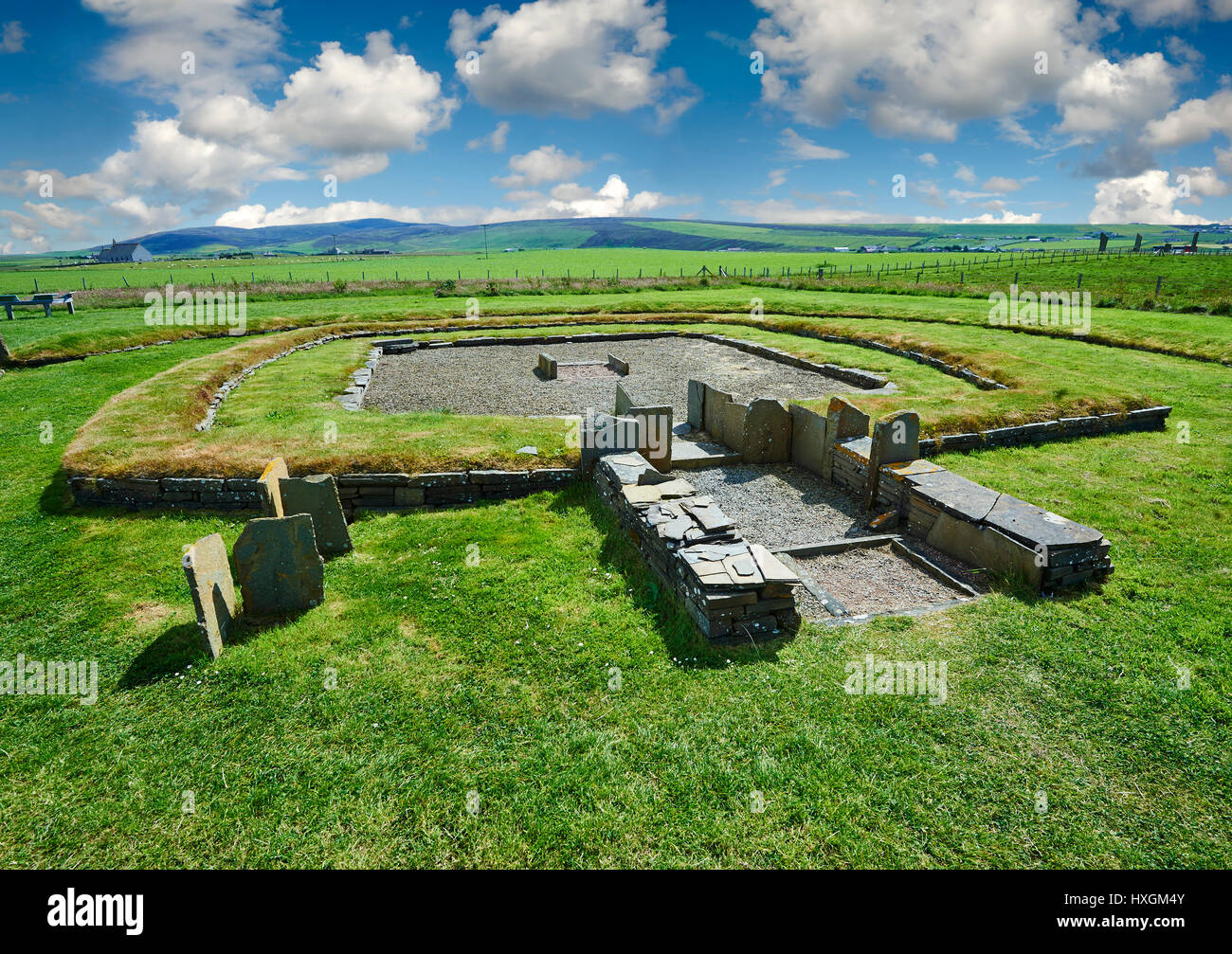 Structure 8 of the Neolithic Barnhouse Settlement archaeological site, circa 3000 BC,  Loch of Harray, Orkney Mainland, Scotland, Stock Photo