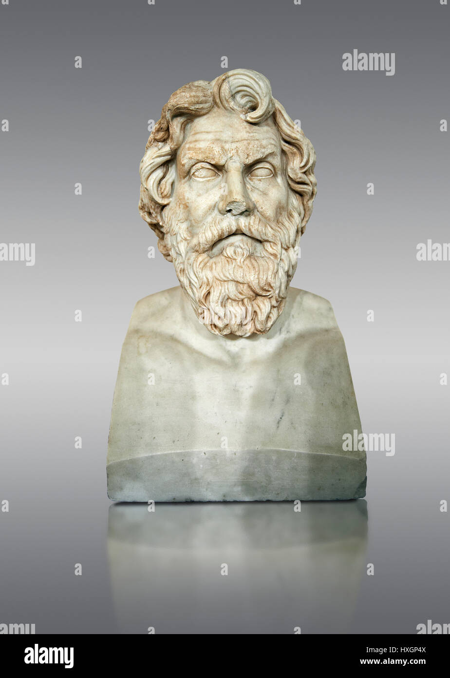 Roman marble sculpture bust of Antisthenes, 2nd century AD, inv 6159, Naples National Museum of Archaeology, Italy, grey background, Stock Photo