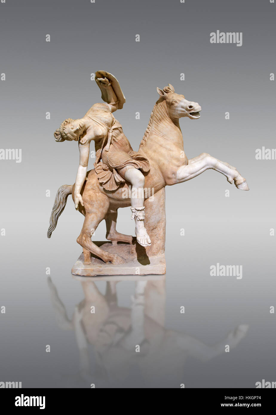 Roman marble sculpture of an Amazon on horseback, a 2nd century AD, inv 6407,  Naples National Museum of Archaeology, Italy, grey background, Stock Photo