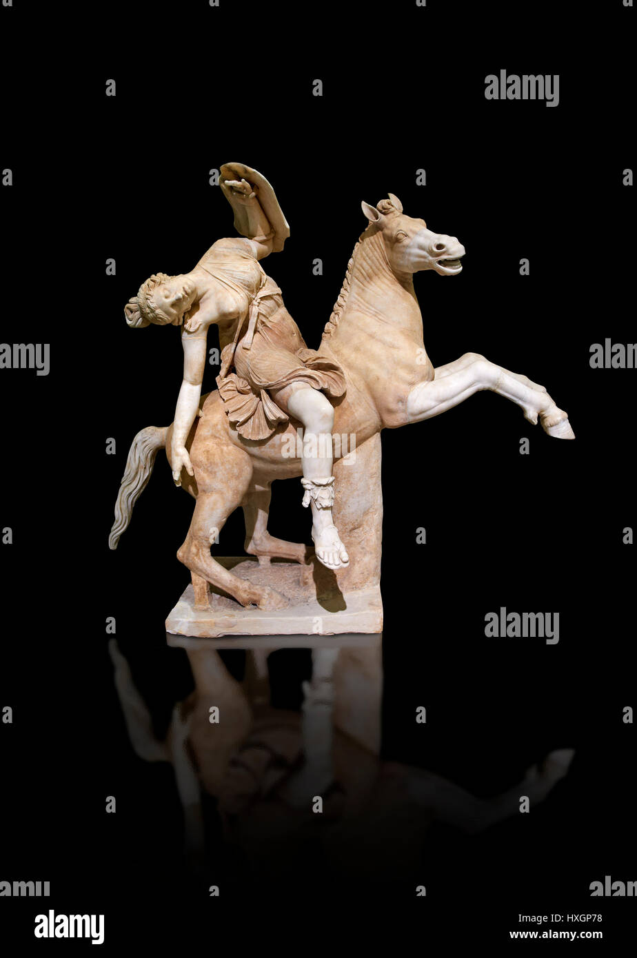 Roman marble sculpture of an Amazon on horseback, a 2nd century AD, inv 6407,  Naples National Museum of Archaeology, Italy, black background, Stock Photo