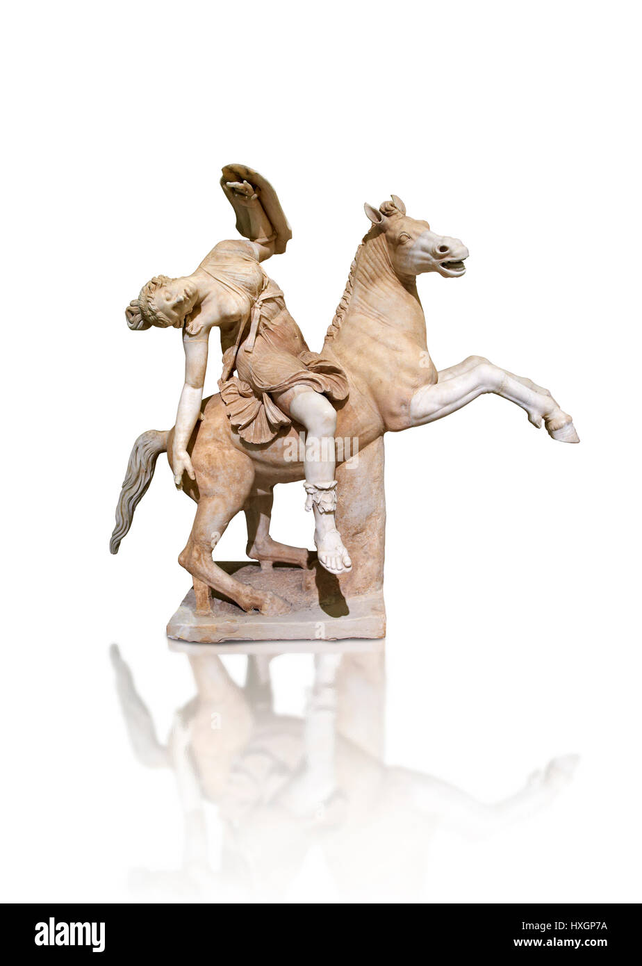 Roman marble sculpture of an Amazon on horseback, a 2nd century AD, inv 6407,  Naples National Museum of Archaeology, Italy, white background, Stock Photo