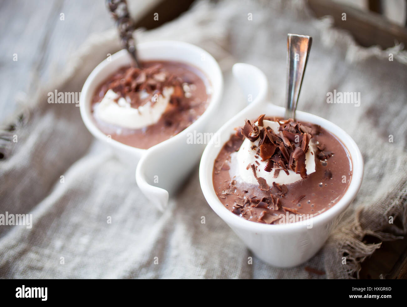 Chocolate pudding with whipped cream and chocolate Stock Photo