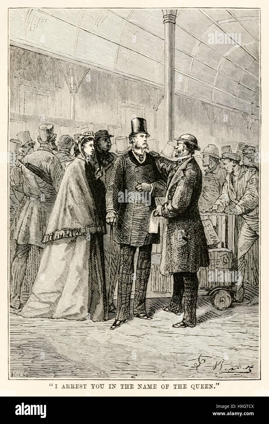“I arrest you in the name of the Queen” from ‘Around the World in Eighty Days’ by Jules Verne (1828-1905) published in 1873 with illustrations by Alphonse-Marie-Adolphe de Neuville (1835-1885) and Léon Benett (1839-1917) and engravings by Louis Dumont (born 1822) and Adolphe François Pannemaker (1822-1900). Stock Photo