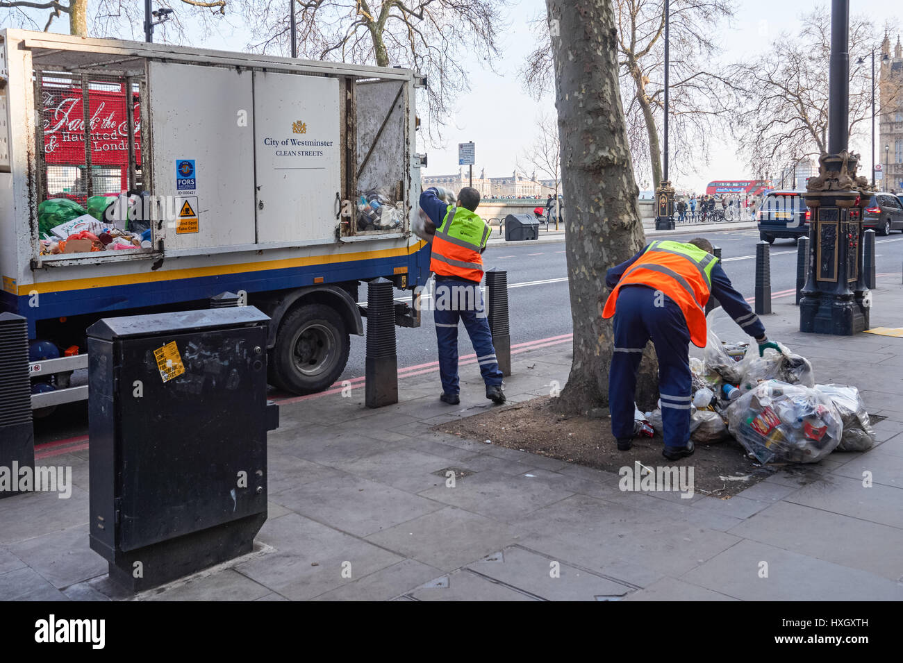 Waste collection on Victoria Embankment, London England United Kingdom UK Stock Photo