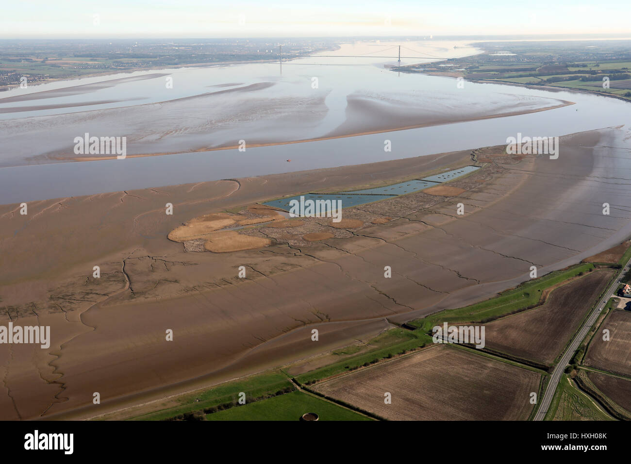 aerial view of the Humber, Read's Island & Humber Bridge, East Yorkshire, UK Stock Photo
