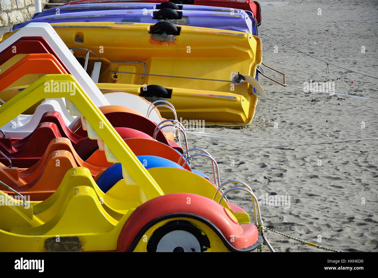 Colorful pedal boats on the beach Stock Photo Alamy