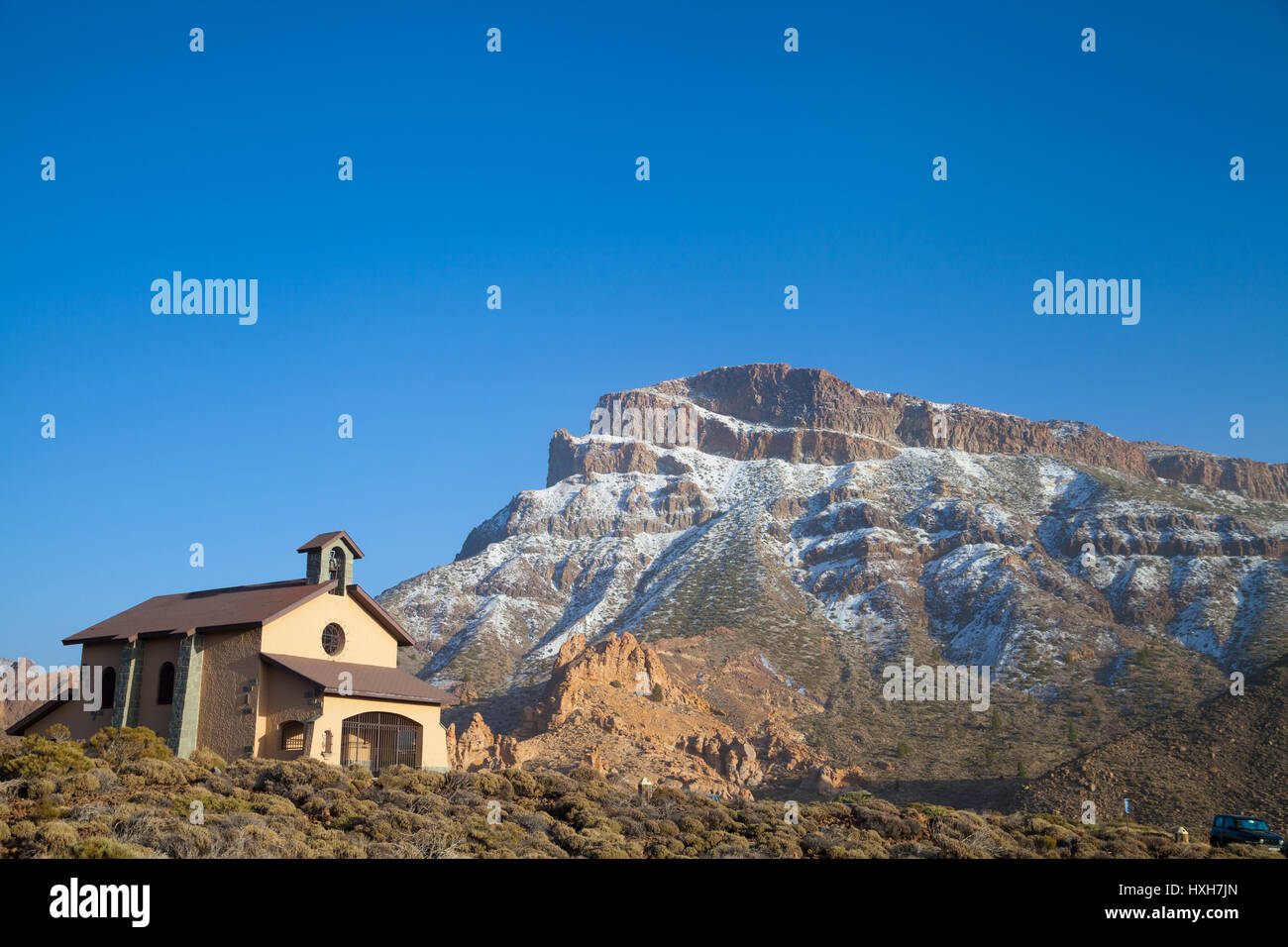 Church in the middle of the crater, Teide National Park, Tenerife Island Stock Photo