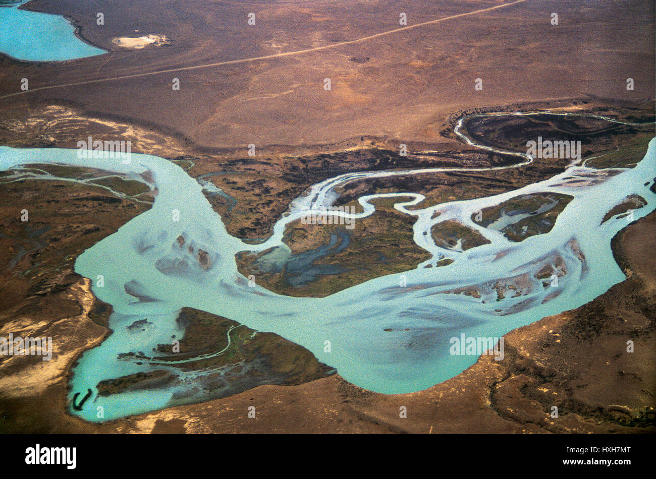 Argentina, Patagonia, Santa Cruz Province. Aerial view La Leona river after landing on El Calafate airport Stock Photo