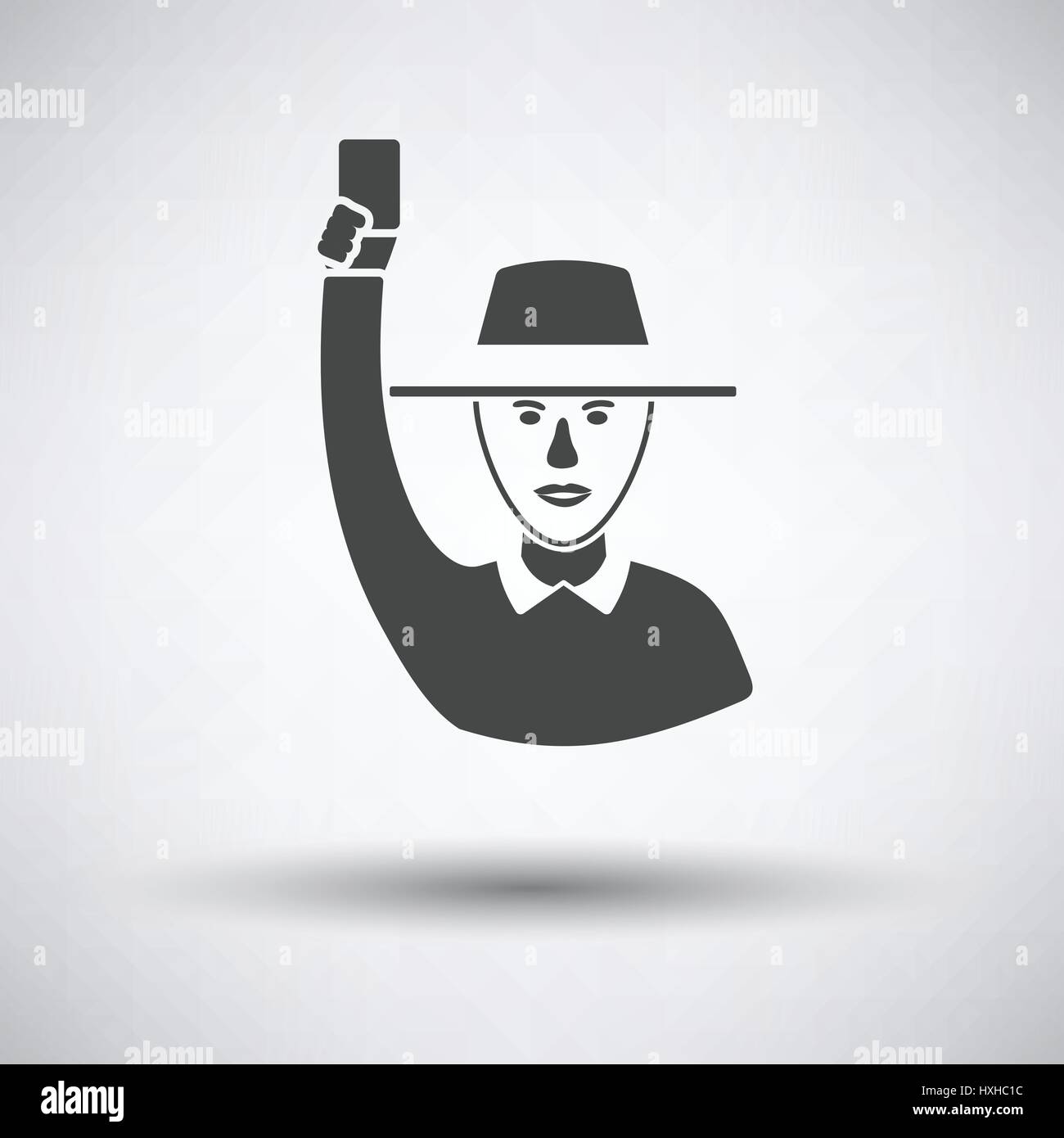 Cricket umpire with hand holding card icon on gray background, round shadow. Vector illustration. Stock Vector