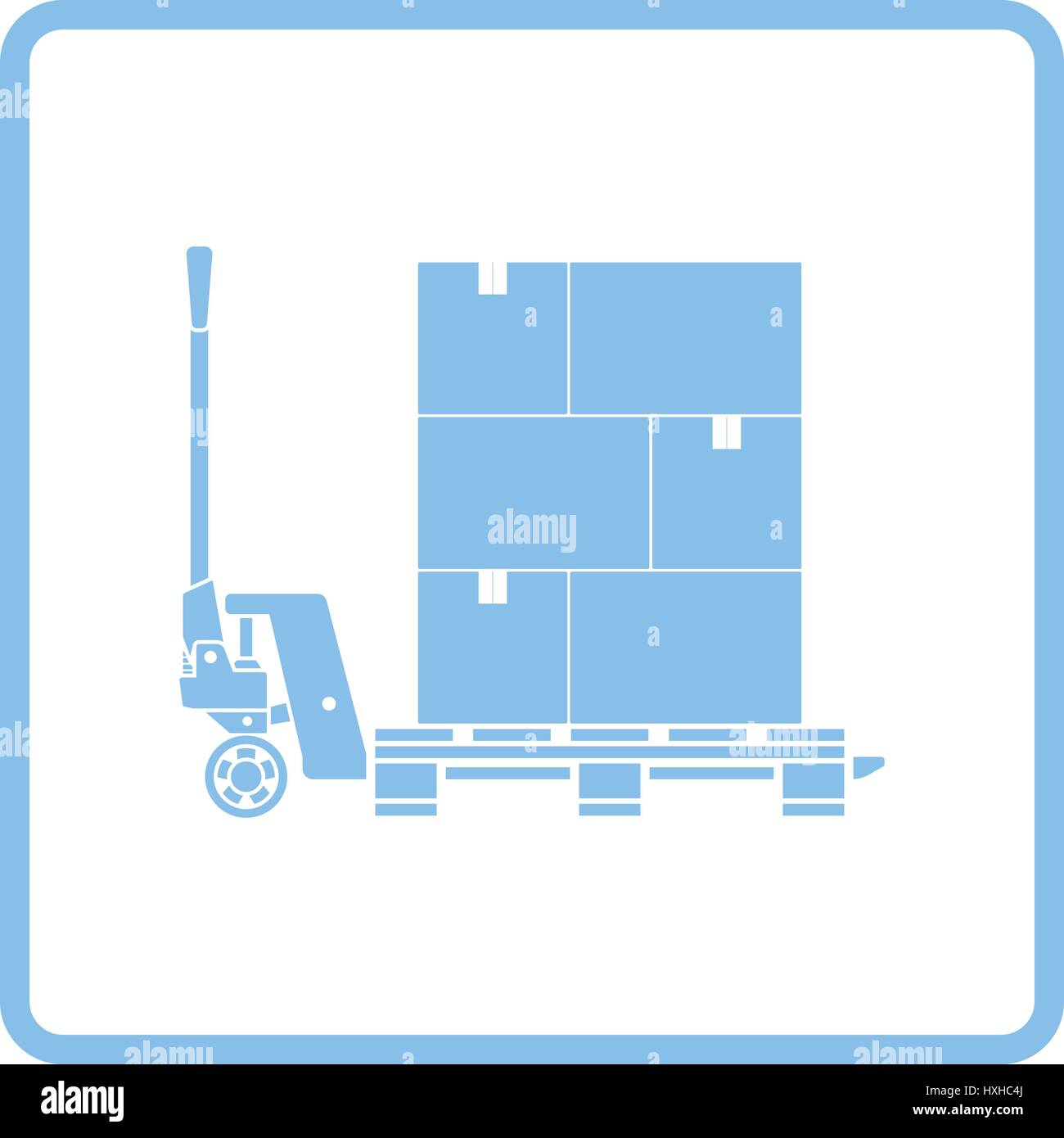 Hand hydraulic pallet truc with boxes icon. Blue frame design. Vector illustration. Stock Vector