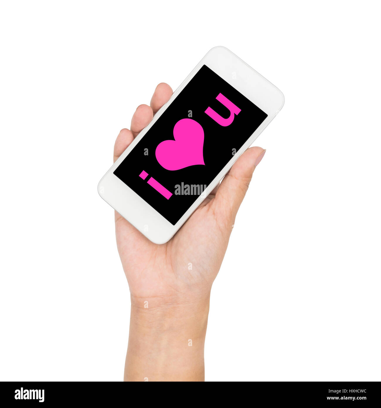 Girl hand holding mobile phone display i love you word on screen isolated on white Stock Photo