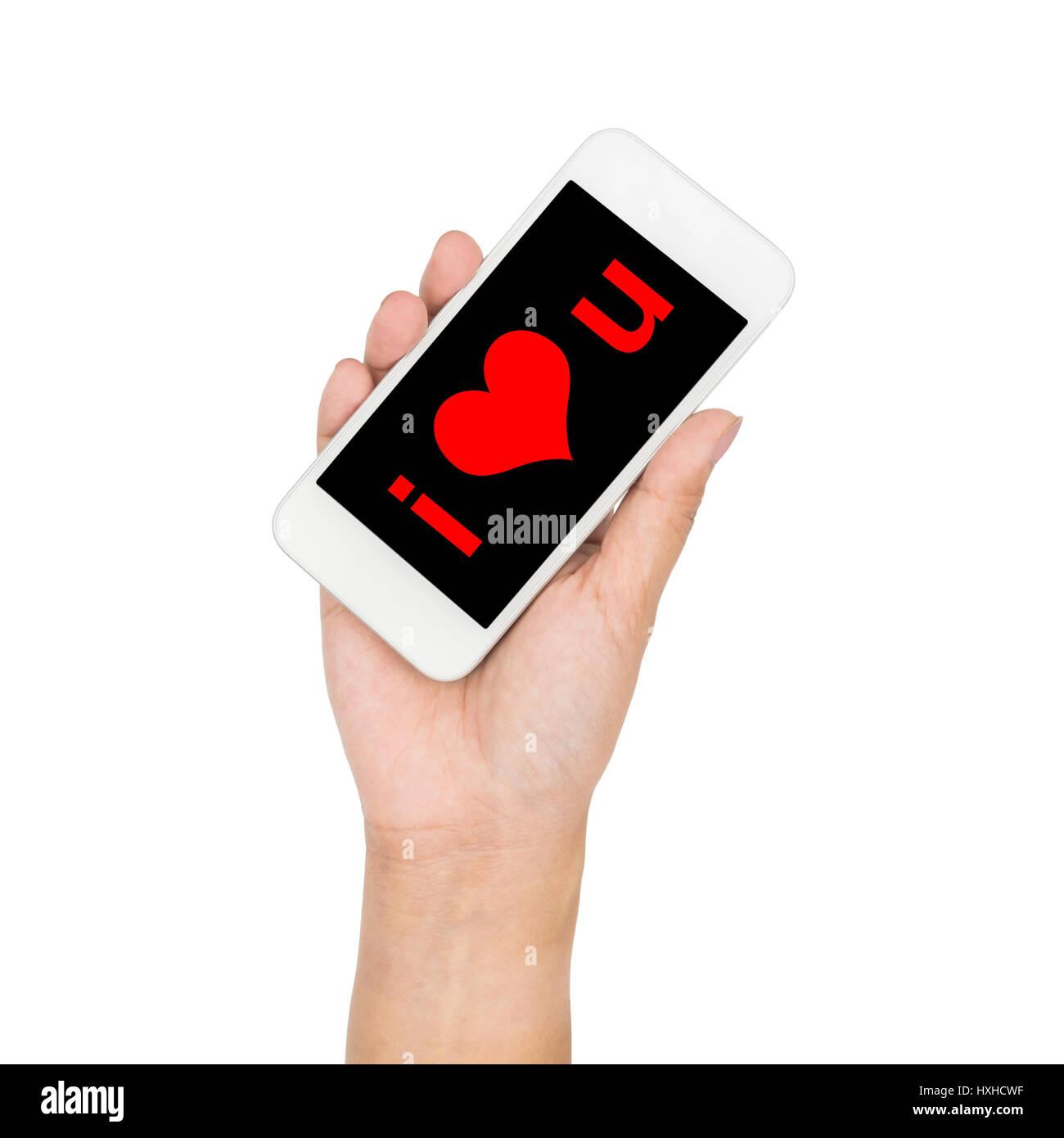 Girl Hand Holding Mobile Phone Display I Love You Word On Screen Isolated On White Girl Hand Holding Mobile Phone Display I Love You Word On Screen Isolated On White