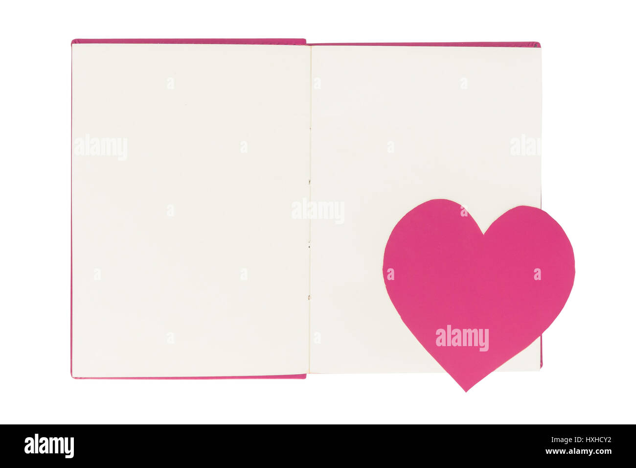 Paper heart bookmark on blank open book isolated on white background ...