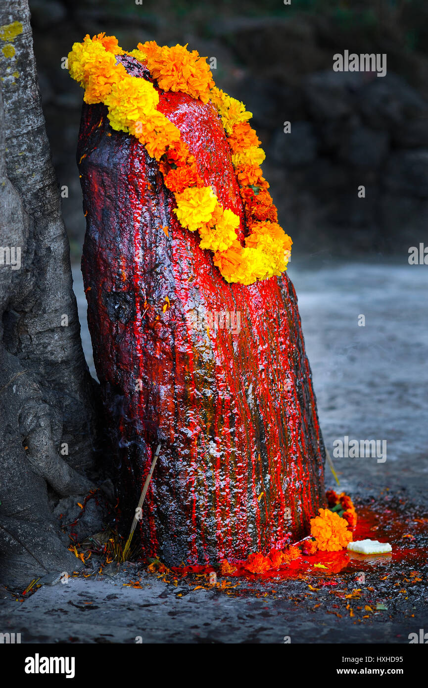 A garland of marigolds adorning a Shiva lingam soaked in blood red kumkuma paint Stock Photo