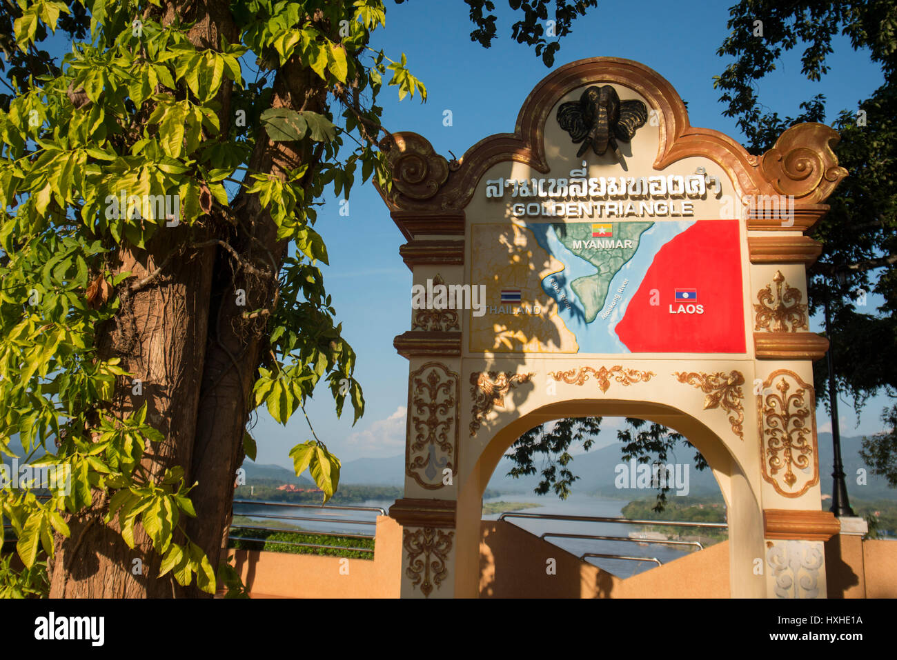 the Golden Triangle of Thailand, Myanmar and Laos in the town of  Sop Ruak at the mekong river in the golden triangle in the north of the city Chiang  Stock Photo