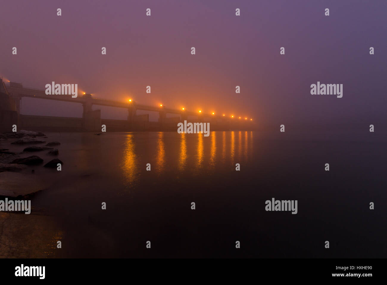 Barrage at night - Isola Serafini - Po River Stock Photo