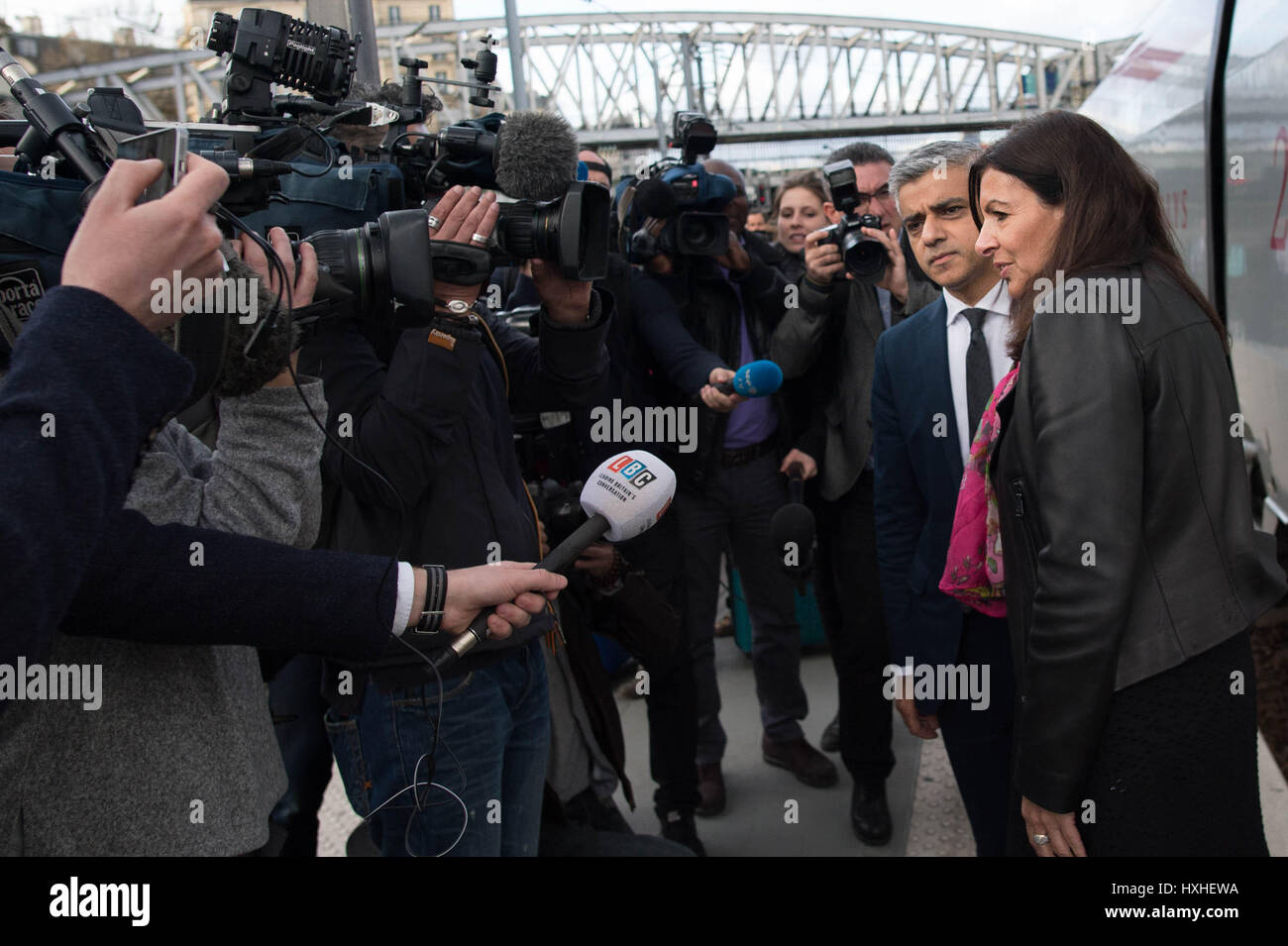 London mayor, Sadiq Khan is met by his Paris counterpart, Anne Hidalgo at Gare du Nord in the French capital as he arrived from Brussels during his three day visit to the European cities where he will meet EU leaders and officials to talk about Brexit and the recent terror attack in London. Stock Photo