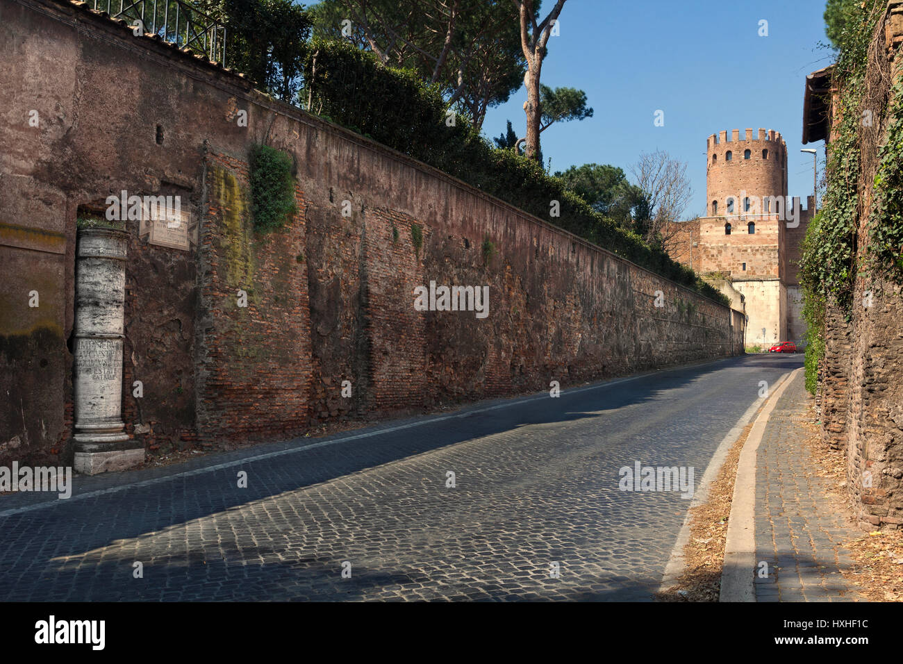 Via Appia: First Milestone, Porta san Sebastiano and the Aurelian Wall Stock Photo