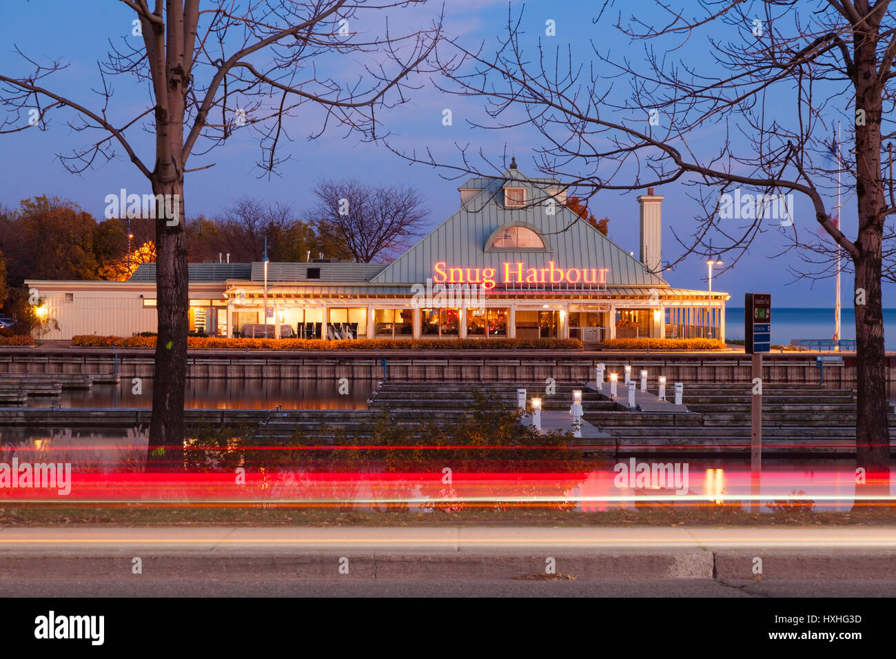 The Snug Harbour Seafood Restaurant on Lake Ontario at dusk Port Credit