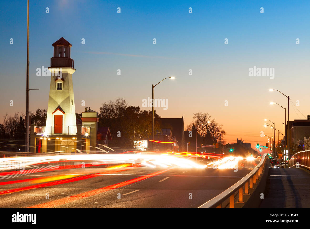 The Port Credit Lighthouse along Lakeshore Road at sunset in Port