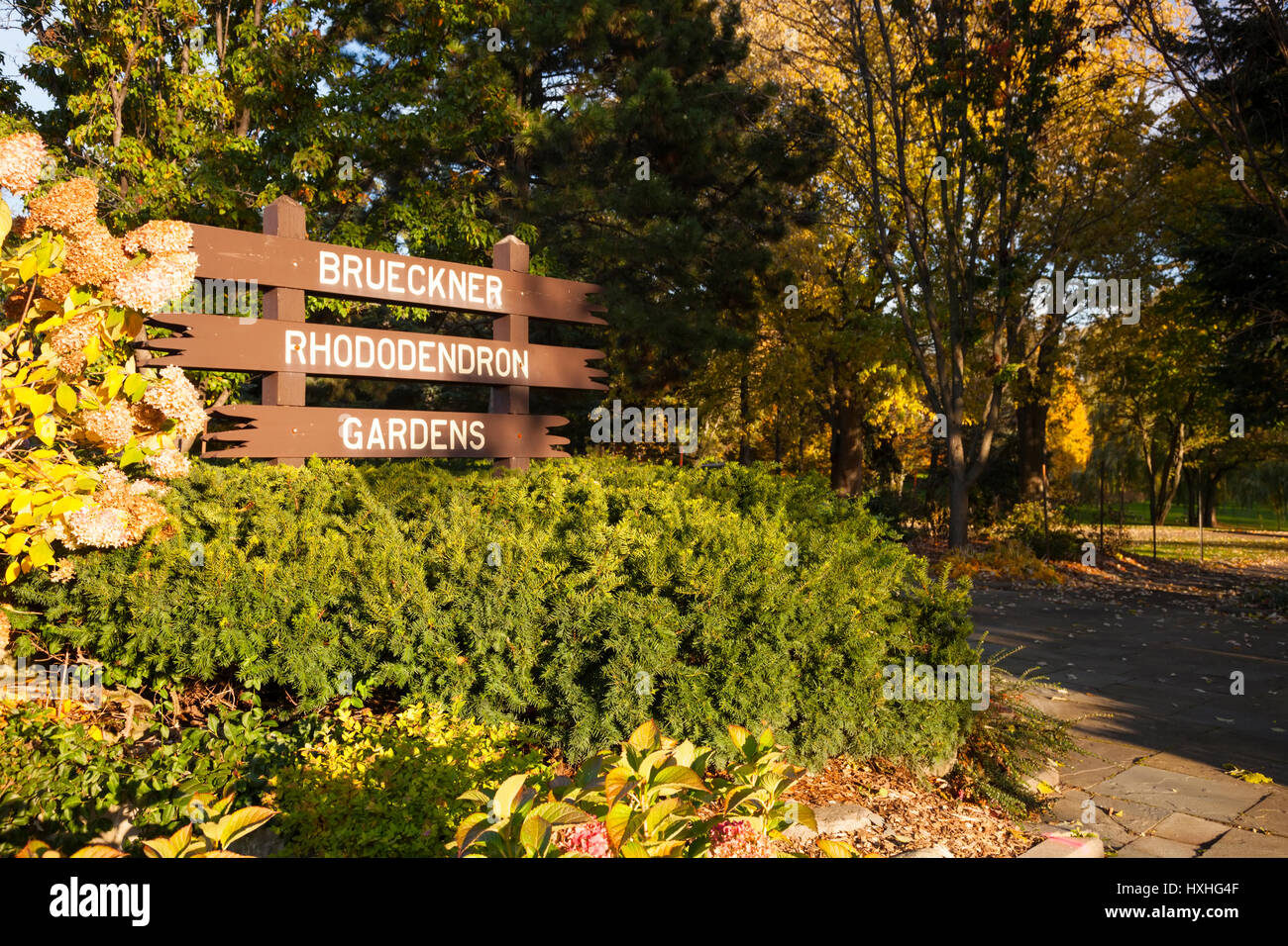 The sign for the Brueckner Rhododendron Gardens in Port Credit, Mississauga, Ontario, Canada. Stock Photo