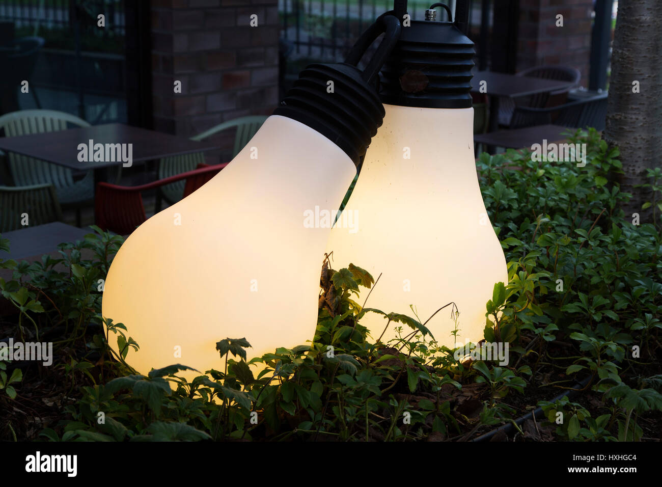 Giant lightbulb shaped lamps in Eindhoven, the Netherlands. The city was formerly the base of Philips headquarters for lightbulb manufacture. Stock Photo
