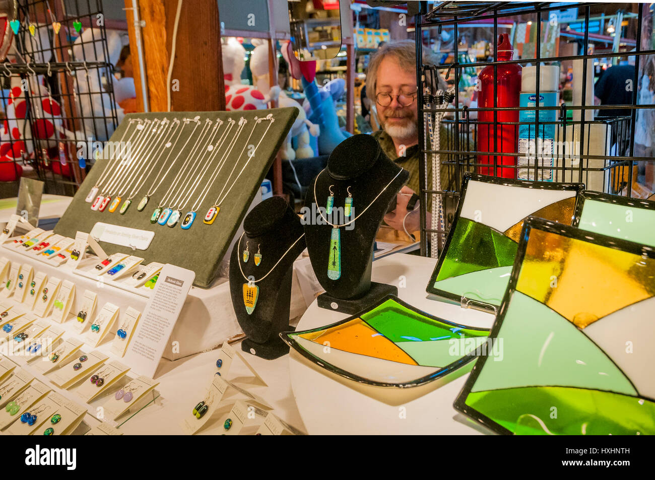 Fused glass, artisan table, Granville Island Public Market, Vancouver