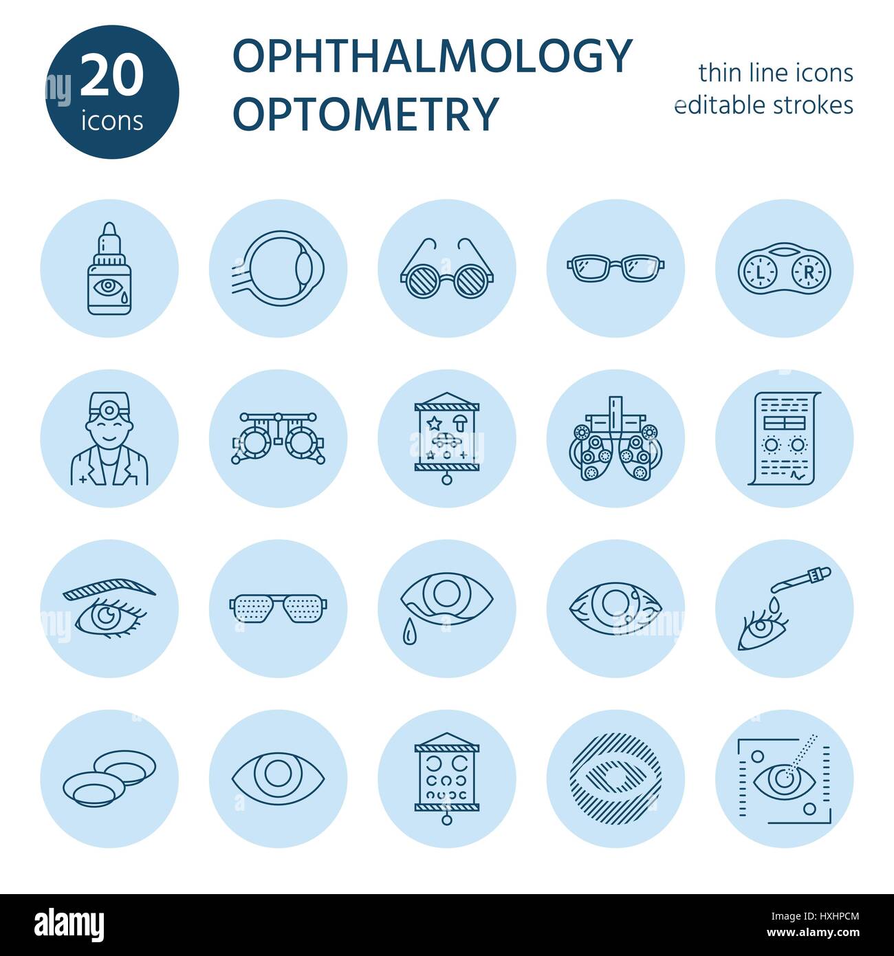 Ophthalmology, eyes health care line icons. Optometry equipment, contact lenses, glasses, blindness. Vision correction thin linear signs for oculist c Stock Vector