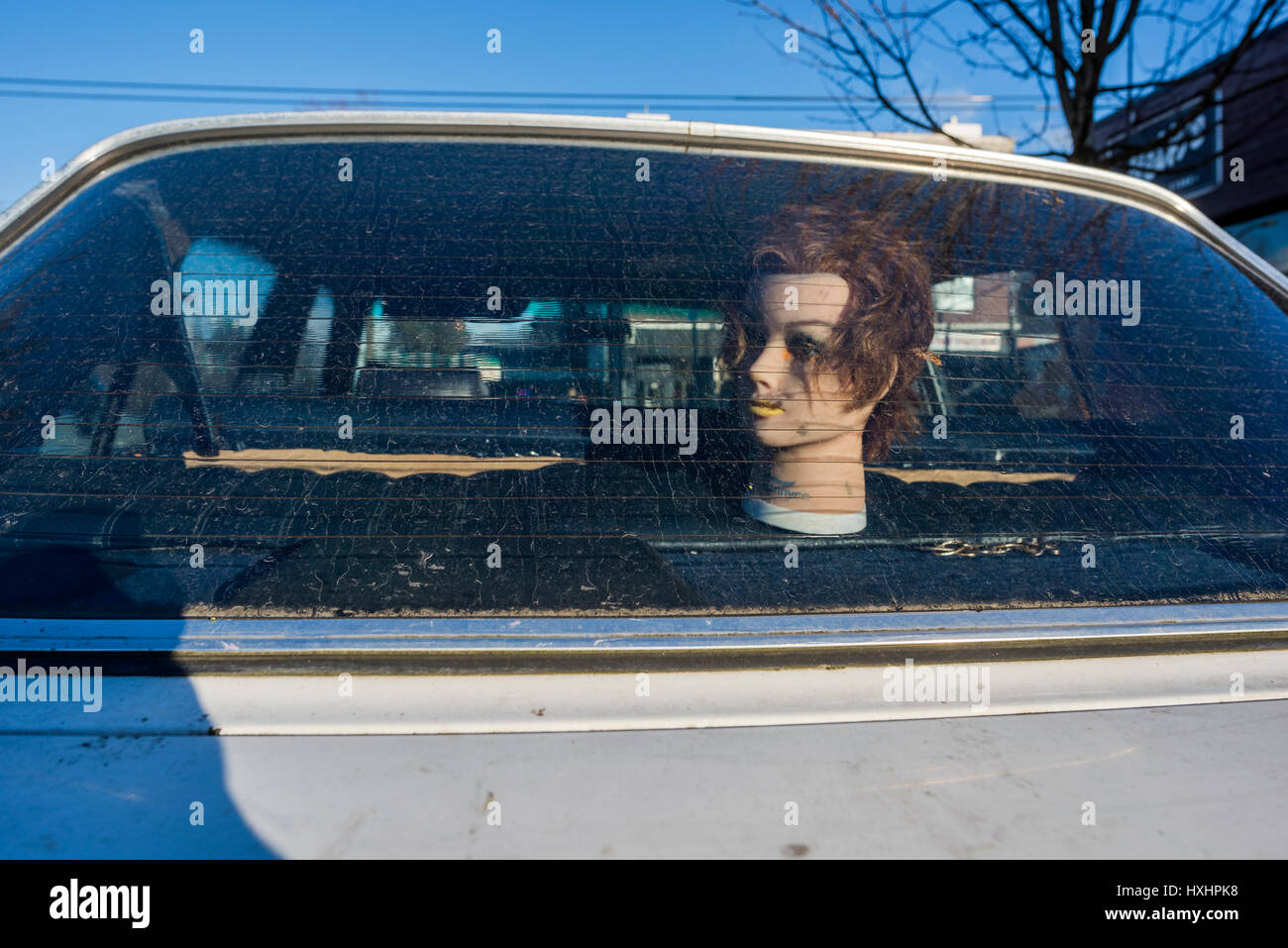 mannequin head in back of car Stock Photo